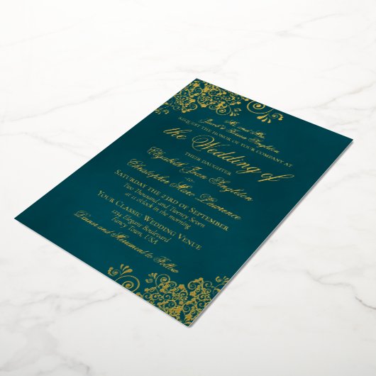 Classic Elegance Gold on Dark Teal Formal Wedding 箔招待状 (回転した状態)