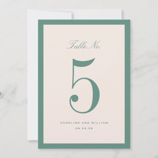 Classic Elegance Green Wedding Table Number Card (正面)