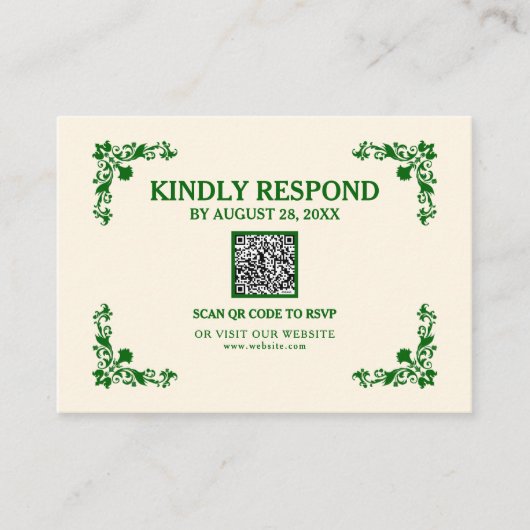 Classic Elegance Ivory & Emerald Islamic QR RSVP エンクロージャーカード (正面)