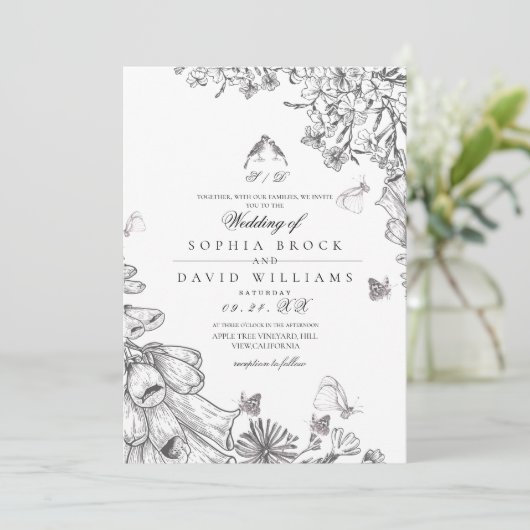 Classic Elegant Black White Floral Wedding  招待状 (スタンド正面)