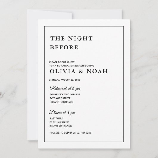 CLASSIC ELEGANT BLACK &WHITE REHARSAL DINNER 招待状 (正面)