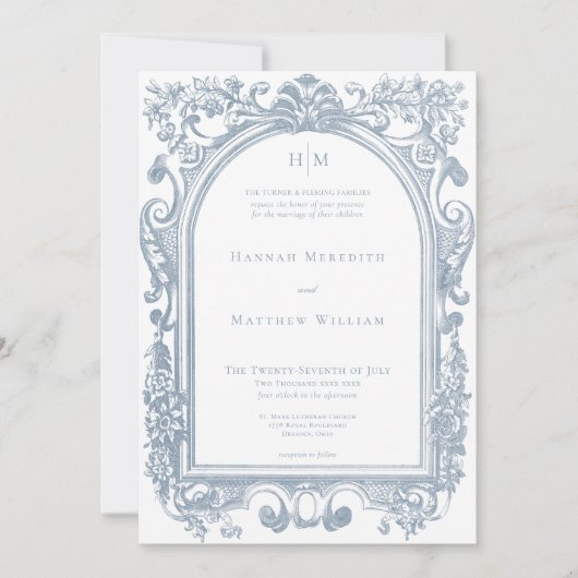 Classic Elegant Blue Arch Floral Frame Wedding 招待状 (正面)