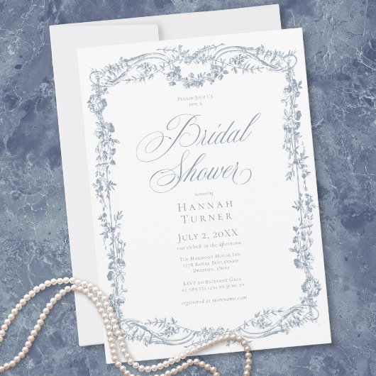 Classic Elegant Blue Floral Frame Bridal Shower 招待状