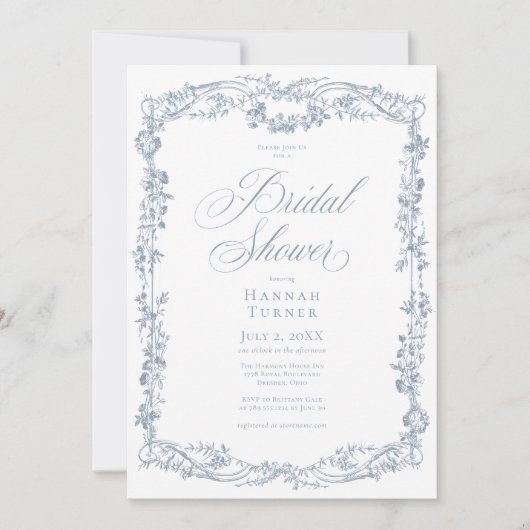 Classic Elegant Blue Floral Frame Bridal Shower 招待状 (正面)