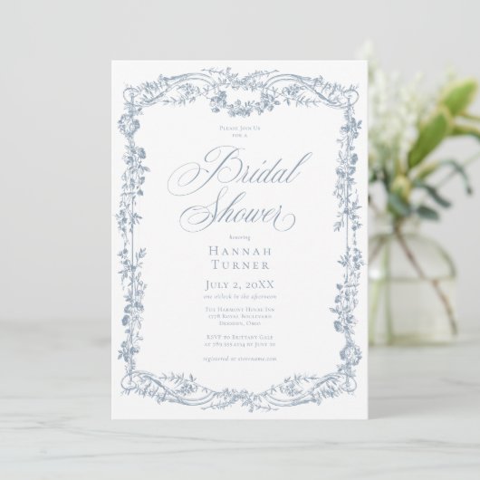 Classic Elegant Blue Floral Frame Bridal Shower 招待状 (スタンド正面)