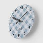 Classic Elegant Blue Gingham Plaid & Custom Name  ラウンド壁時計 (傾斜)