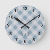 Classic Elegant Blue Gingham Plaid & Custom Name  ラウンド壁時計 (正面)