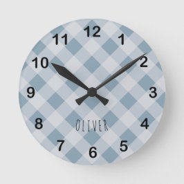 Classic Elegant Blue Gingham Plaid & Custom Name  ラウンド壁時計