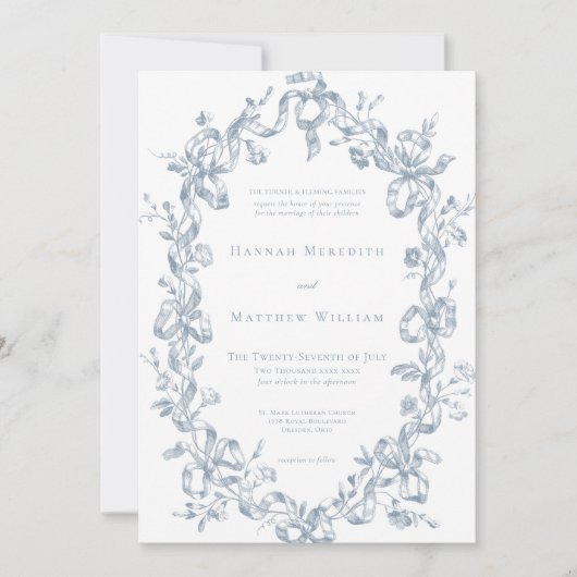 Classic Elegant Blue Oval Ribbon Frame Wedding 招待状 (正面)