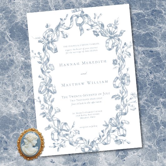 Classic Elegant Blue Oval Ribbon Frame Wedding 招待状