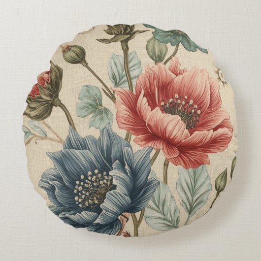 Classic, Elegant, Blue Rose Gold Flowers Pattern ラウンドクッション (正面)