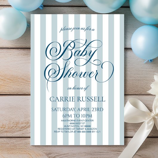 Classic Elegant Blue Stripes Boy Baby Shower 招待状