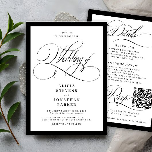 Classic elegant calligraphy QR code wedding 招待状