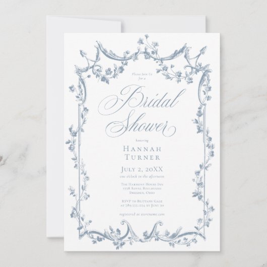Classic Elegant Dusty Blue Delicate Floral Shower 招待状 (正面)