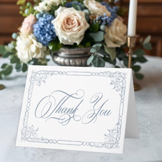 Classic Elegant Dusty Blue Floral Frame Wedding サンキューカード