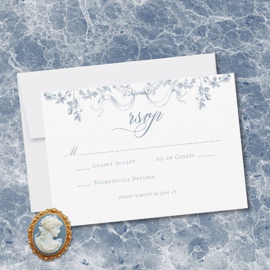 Classic Elegant Dusty Blue Floral Frame Wedding 出欠カード