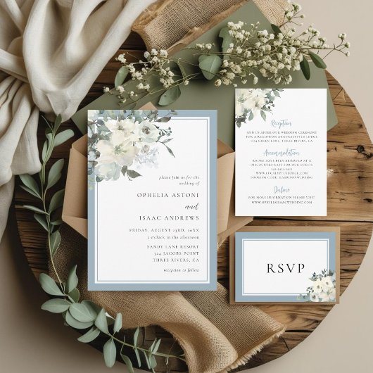 Classic Elegant Dusty Blue Ivory Floral Wedding 招待状