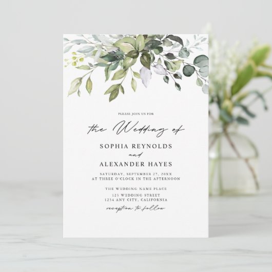 Classic Elegant Eucalyptus Leaves & Script Wedding 招待状 (スタンド正面)