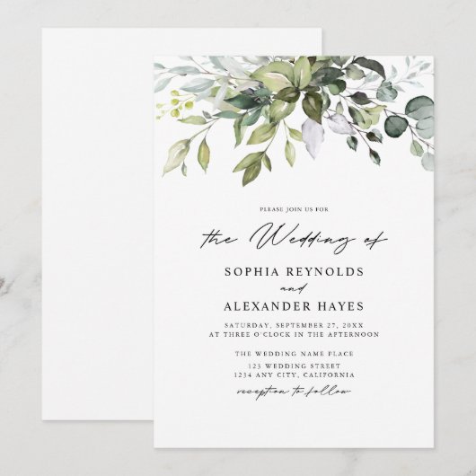 Classic Elegant Eucalyptus Leaves & Script Wedding 招待状 (正面/裏面)