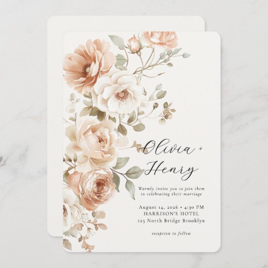 Classic Elegant Floral Rounded Wedding Invitation 招待状 (正面/裏面)