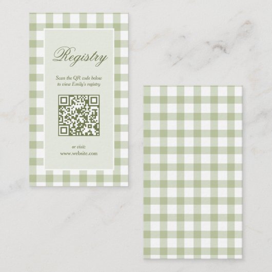 Classic Elegant Green Gingham Baby Shower Registry エンクロージャーカード (正面/裏面)
