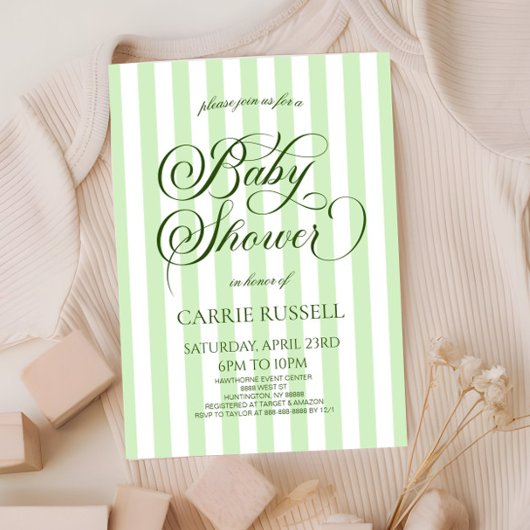Classic Elegant Green Stripes Baby Shower 招待状