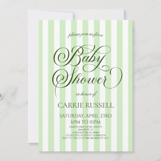 Classic Elegant Green Stripes Baby Shower 招待状 (正面)