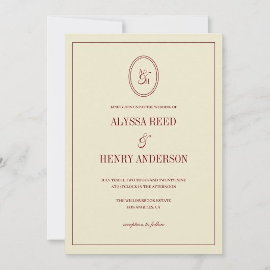 Classic Elegant Ivory & Wine Red Monogram Wedding 招待状 (正面)