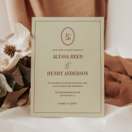 Classic Elegant Ivory & Wine Red Monogram Wedding 招待状