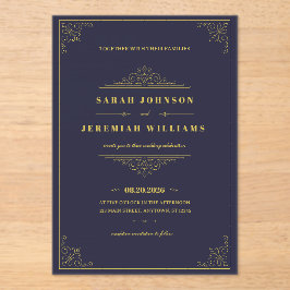 Classic Elegant navy-blue and Gold vintage Wedding アクリル招待状