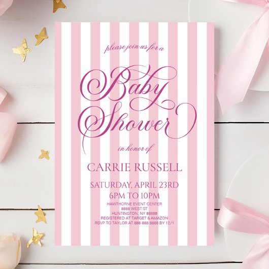 Classic Elegant Pink Stripes Girl Baby Shower 招待状