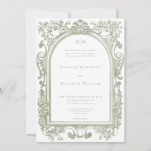 Classic Elegant Sage Arch Floral Frame Wedding 招待状 (正面)