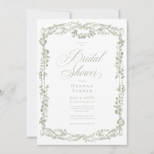 Classic Elegant Sage Floral Frame Bridal Shower 招待状 (正面)