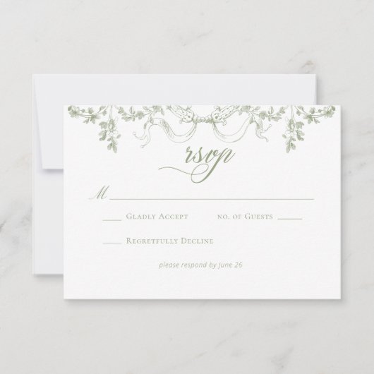 Classic Elegant Sage Green Floral Frame Wedding 出欠カード (正面)