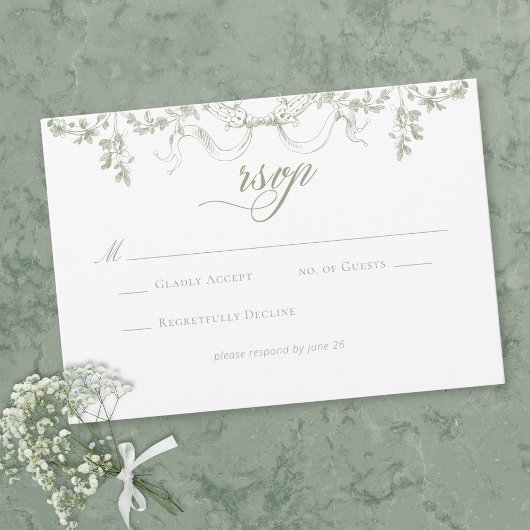 Classic Elegant Sage Green Floral Frame Wedding 出欠カード