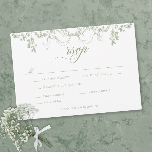 Classic Elegant Sage Green Floral Frame Wedding 出欠カード