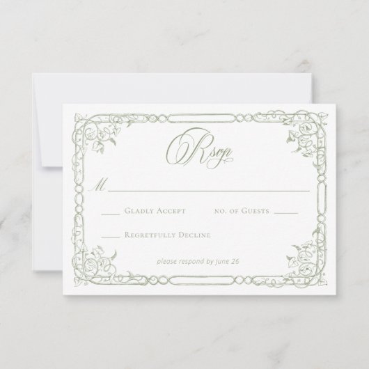 Classic Elegant Sage Green Floral Frame Wedding 出欠カード (正面)
