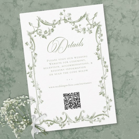 Classic Elegant Sage Green Floral Frame Wedding QR エンクロージャーカード