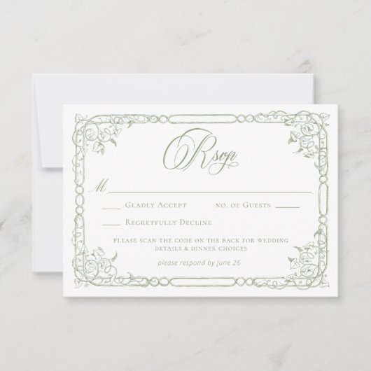 Classic Elegant Sage Green Floral Frame Wedding QR 出欠カード (正面)