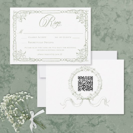 Classic Elegant Sage Green Floral Frame Wedding QR 出欠カード