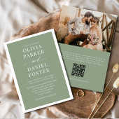 Classic Elegant Sage Green Photo QR Code Wedding 招待状