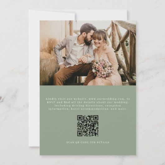 Classic Elegant Sage Green Photo QR Code Wedding 招待状 (裏面)