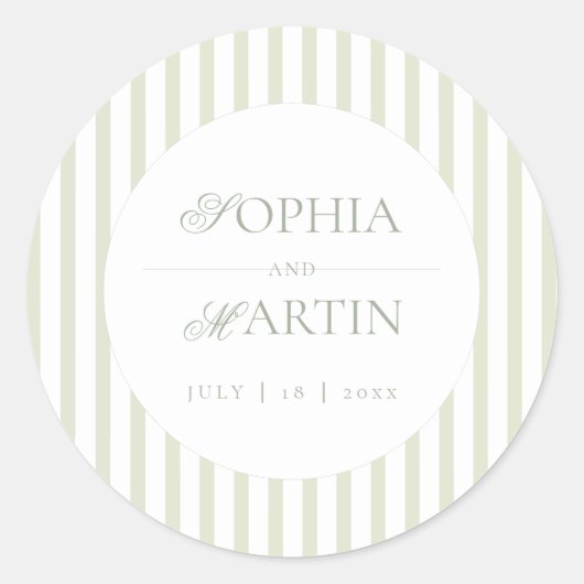 Classic Elegant⎮Sage Green Striped Wedding ラウンドシール (正面)