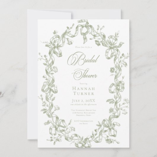 Classic Elegant Sage Oval Ribbon Bridal Shower 招待状 (正面)
