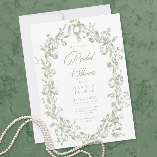 Classic Elegant Sage Oval Ribbon Bridal Shower 招待状