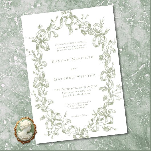 Classic Elegant Sage Oval Ribbon Frame Wedding 招待状