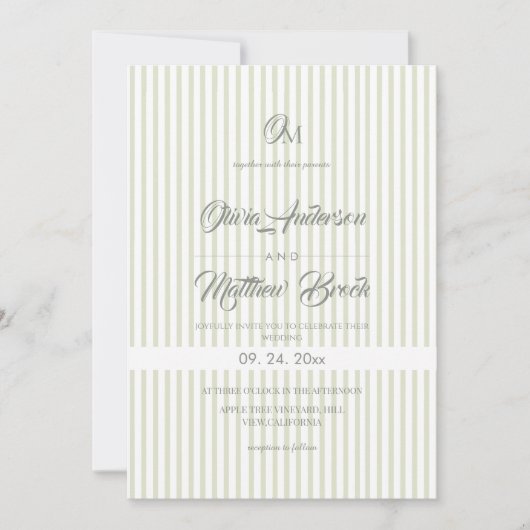 Classic Elegant⎮Sage Stripe Wedding  Invitation 招待状 (正面)