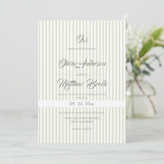 Classic Elegant⎮Sage Stripe Wedding  Invitation 招待状 (スタンド正面)
