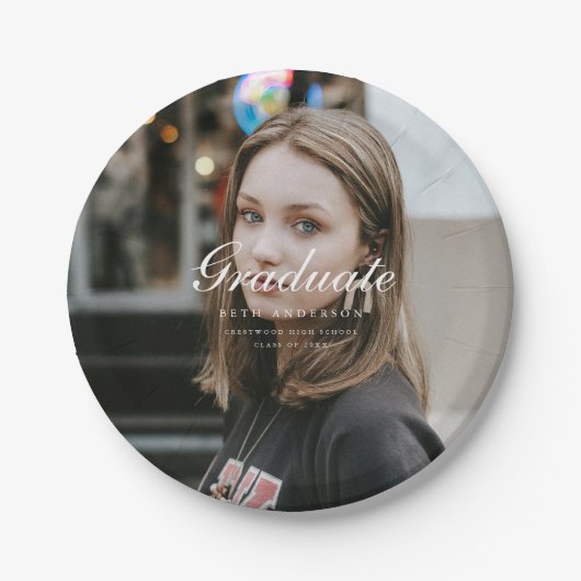 Classic Elegant Script Graduation Party Full Photo ペーパープレート (正面)