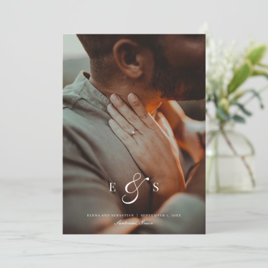 Classic Elegant Script Monogram Two Sided Photo セーブザデート (スタンド正面)